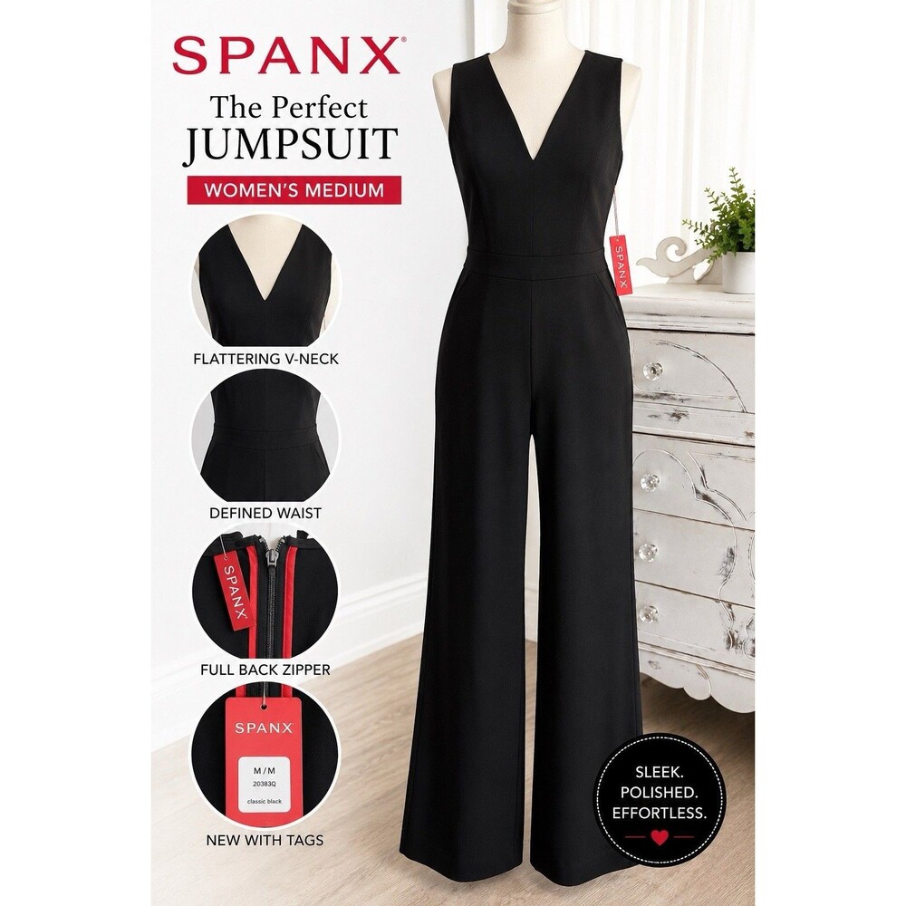 SPANX The Perfect Sleeveless Ponte Flare Stretch Jumpsuit Womens Size M Black